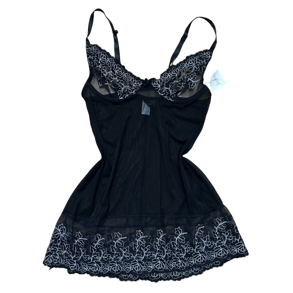 Vtg Fredericks of Hollywood Black Mesh Floral Embroidered mini slip dress S New